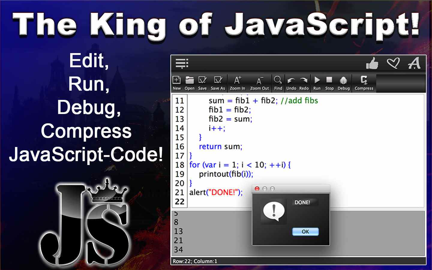 JS King – Edit, Run, Debug & Compress JavaScript Code
